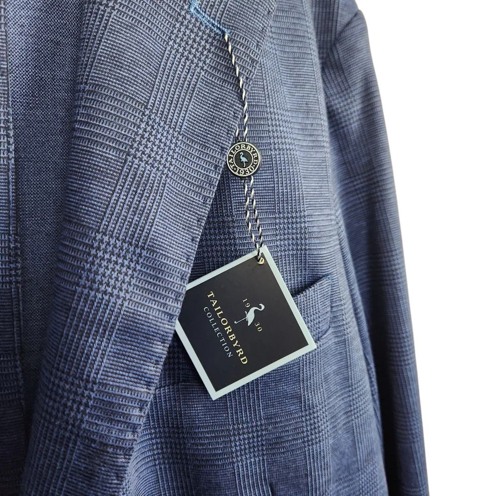 Tailorbyrd Collection NWT Denim Blue Plaid Sports Coat Blazer Mens Size 48L